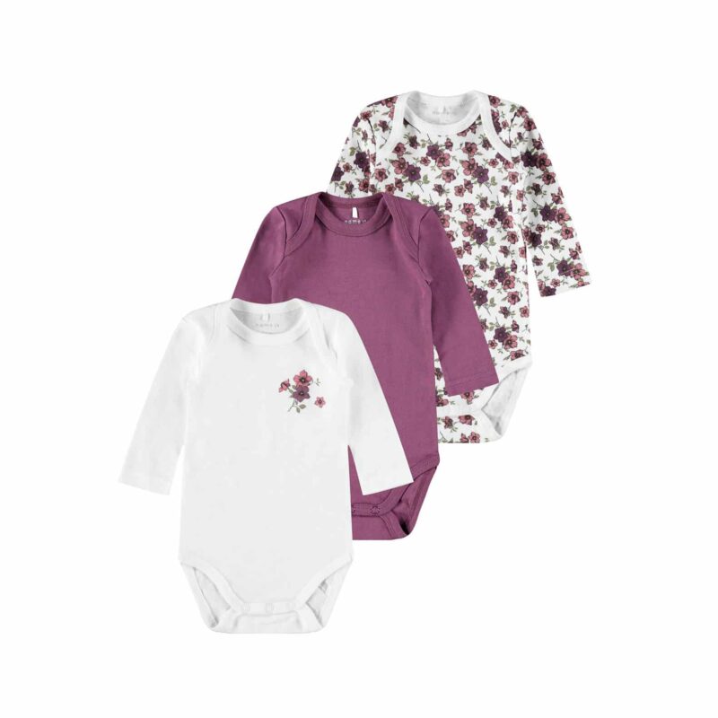 NAME IT 3er Pack Baby-Mädchen Langarm Bodies Blumen in Weiß/Violett – jetzt kaufen bei Lifetex-Heimtextilien.de