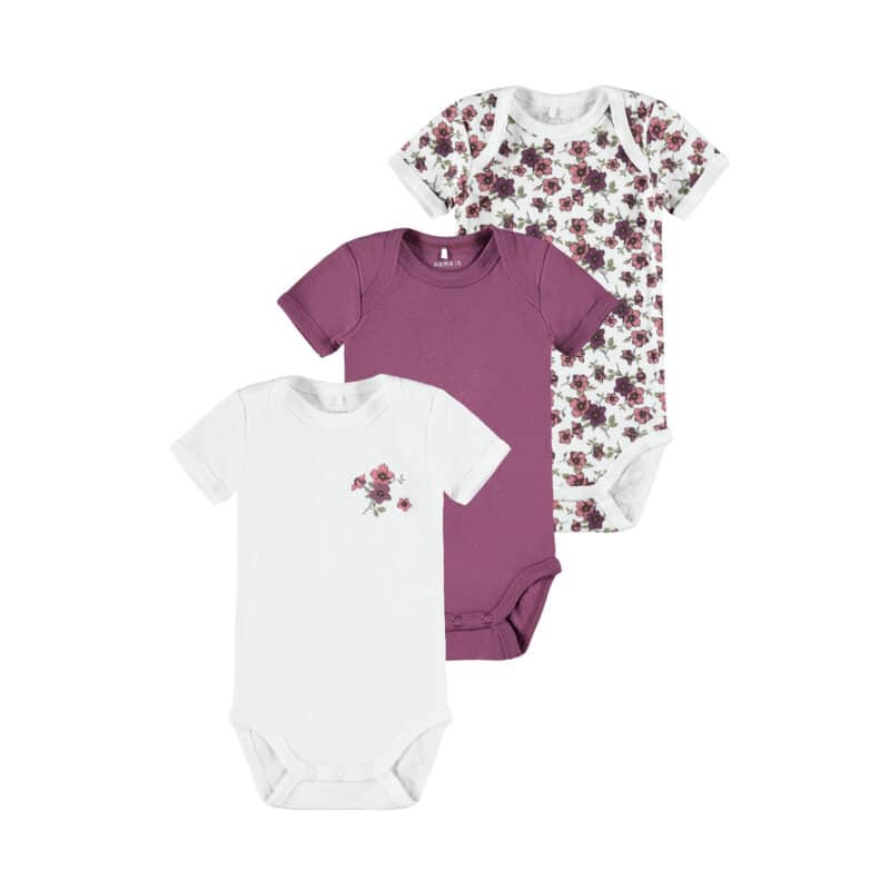 NAME IT 3er Pack Baby-Mädchen Kurzarm Bodies Blumen in Weiß/Violett – jetzt kaufen bei Lifetex-Heimtextilien.de