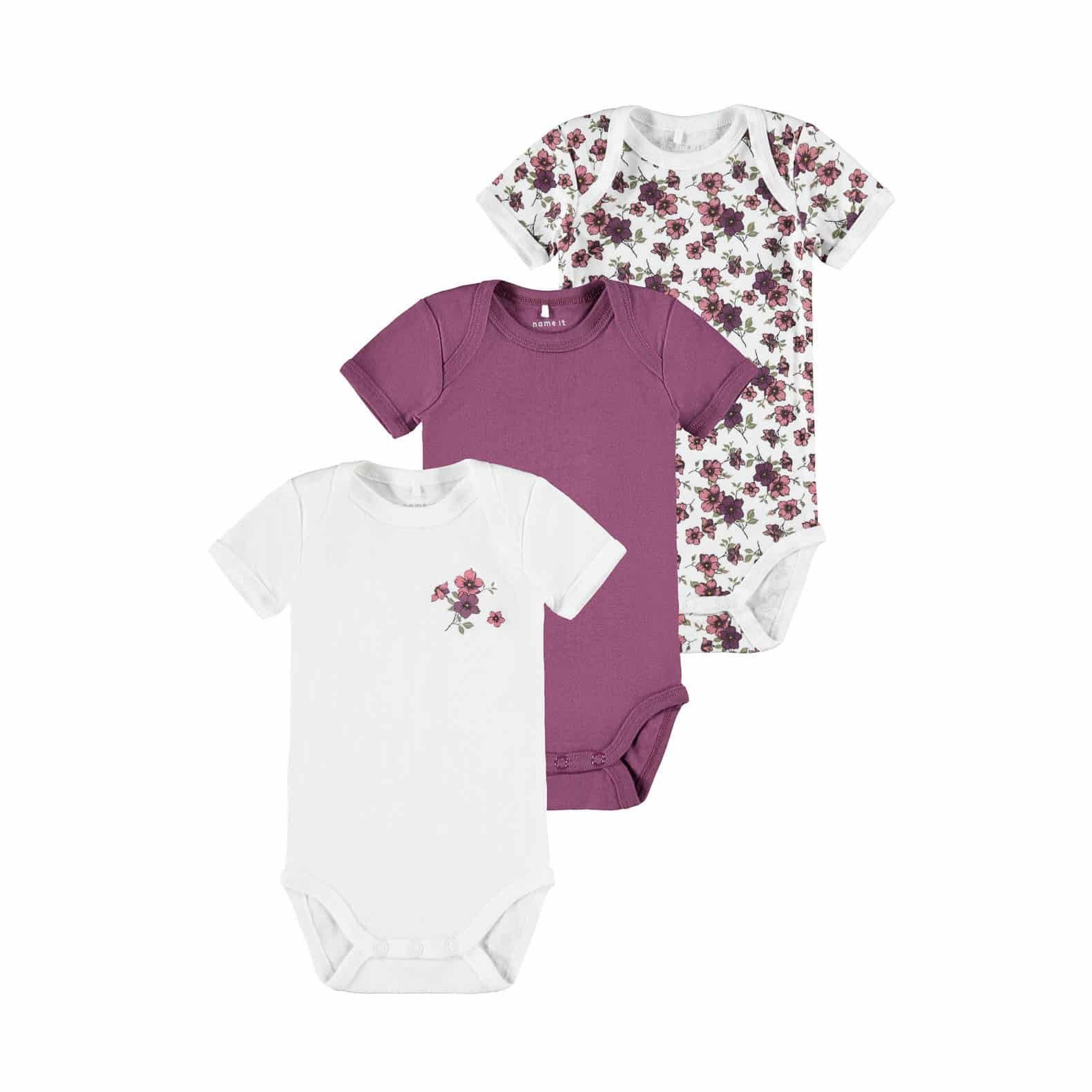 NAME IT 3er Pack Baby-Mädchen Kurzarm Bodies Blumen in Weiß/Violett - Bild 1