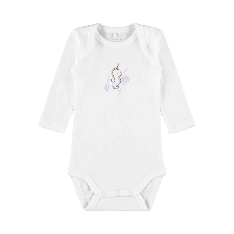NAME IT 3er Pack Baby-Mädchen Langarm Bodies  Einhorn Seepferde in Weiß/Lila – Detailbild 3 – jetzt kaufen bei Lifetex-Heimtextilien.de