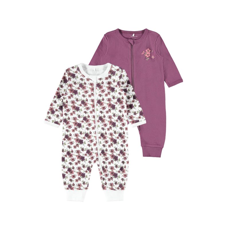 NAME IT 2er Pack Baby-Mädchen Schlafanzug Blumen Blüten Schlafstrampler Zip in Weiß/Violett – jetzt kaufen bei Lifetex-Heimtextilien.de