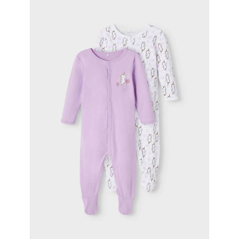 NAME IT 2er Pack Baby-Mädchen Schlafanzug Einhorn Seepferdchen Schlafstrampler Druckknöpfe in Weiß/Rosa – Detailbild 3 – jetzt kaufen bei Lifetex-Heimtextilien.de