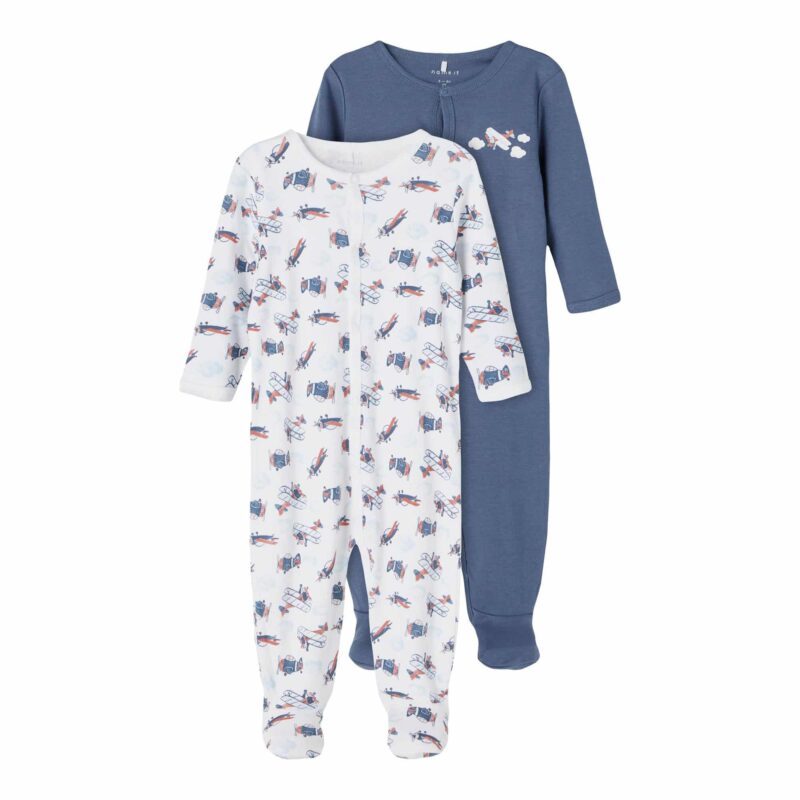 NAME IT 2er Pack Baby-Jungen Schlafanzug Flugzeuge Schlafstrampler Druckknöpfe in Weiß/Blau – jetzt kaufen bei Lifetex-Heimtextilien.de
