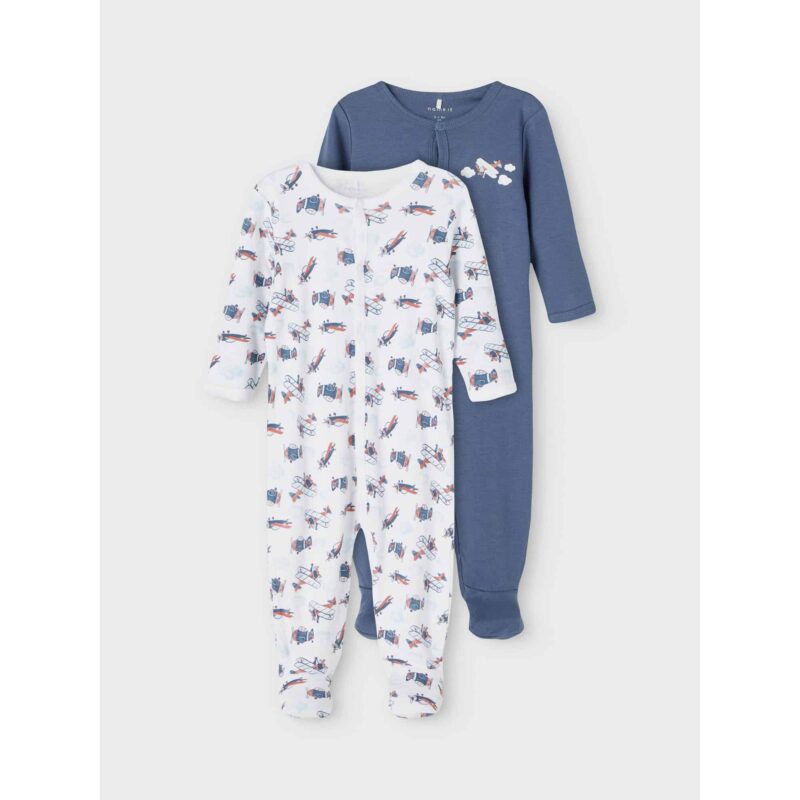 NAME IT 2er Pack Baby-Jungen Schlafanzug Flugzeuge Schlafstrampler Druckknöpfe in Weiß/Blau – Detailbild 3 – jetzt kaufen bei Lifetex-Heimtextilien.de