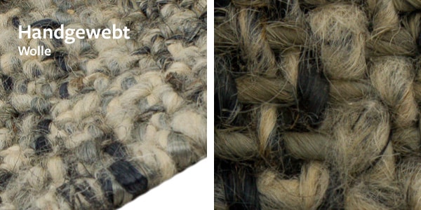 Detailansicht und Rückseite eines handgewebten Teppichs aus Wolle zur Qualitätsbestimmung.