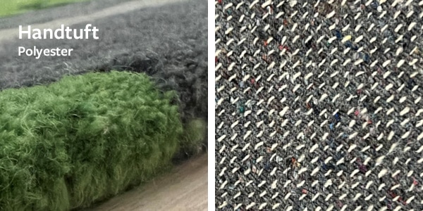 Detailansicht und Rückseite eines Handtuft-Teppichs aus Polyester zur Qualitätsbestimmung.