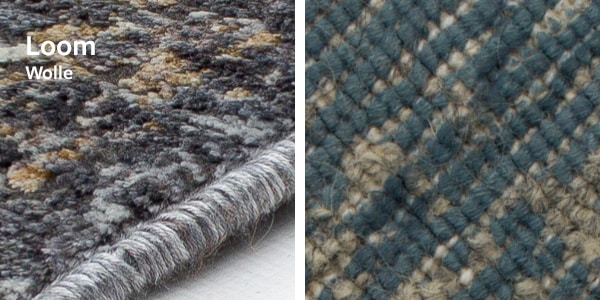 Detailansicht und Rückseite eines Loom-Teppichs aus Wolle zur Qualitätsbestimmung.