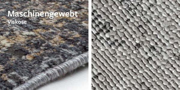 Detailansicht und Rückseite eines maschinell hergestellten Teppichs aus Viskose zur Qualitätsbestimmung.