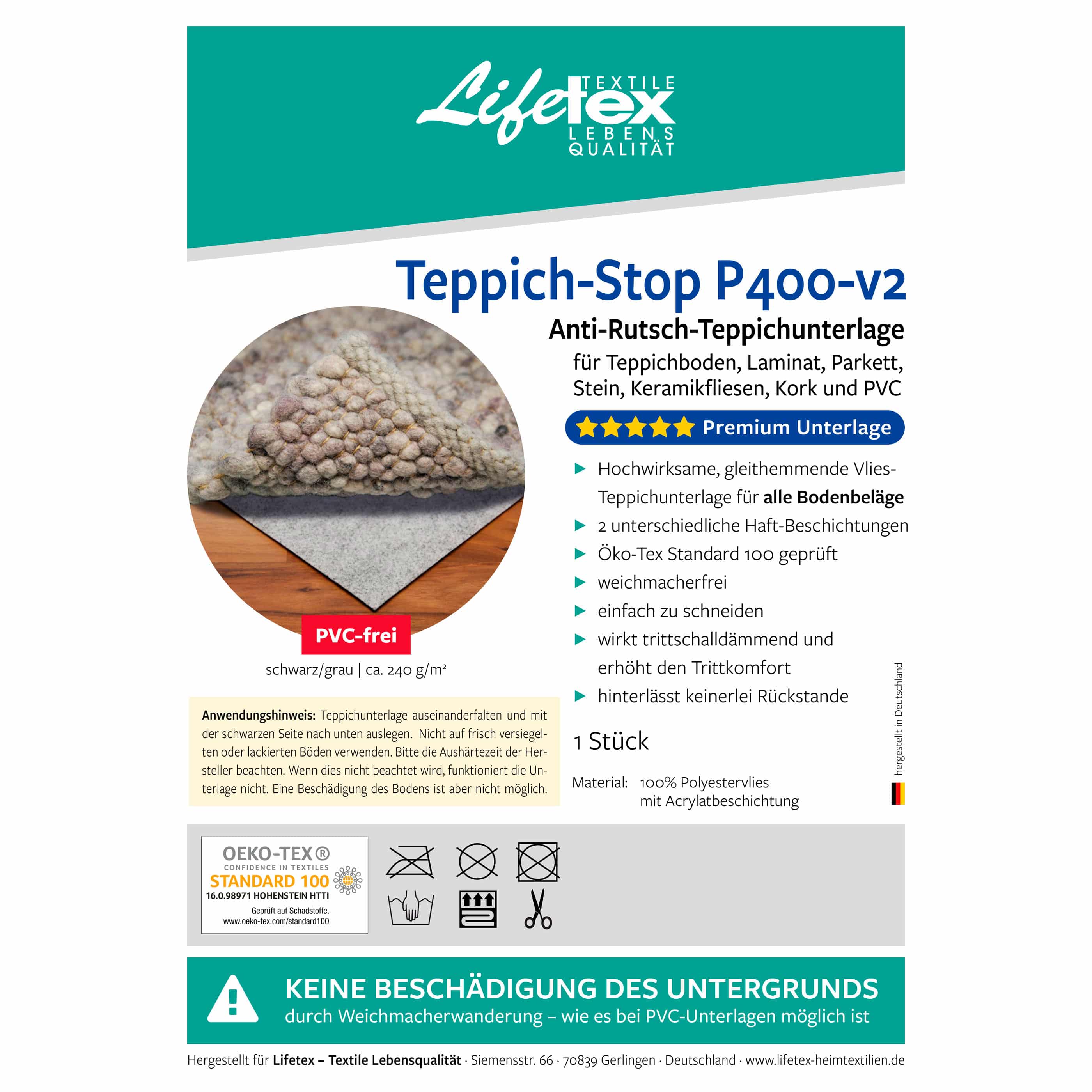 Teppich-Stop P400-V2 – PVC-freie Antirutschmatte von Lifetex